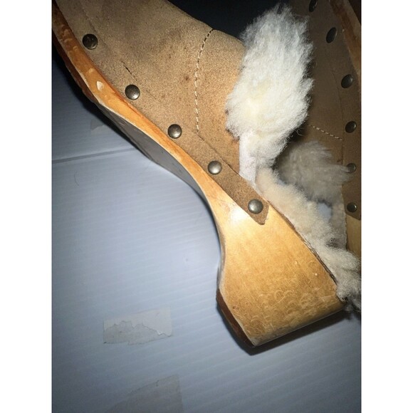 UGG Australia Women's Kalie Brown Suede Shoes US 8 Shearling Wooden Clogs Mules - Picture 11 of 12